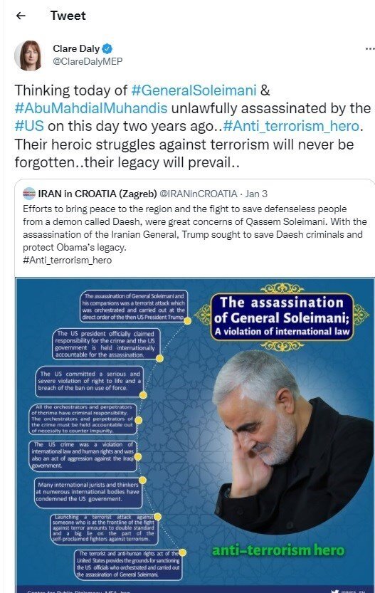 واکنش متفاوت نماینده پارلمان اروپا به شهادت سردار سلیمانی واکنش متفاوت نماینده پارلمان اروپا به شهادت سردار سلیمانی