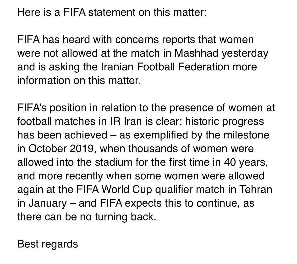 صدای اتفاقات مشهد به زوریخ رسید/ FIFA از فدراسیون فوتبال ایران توضیح خواست؛ حرفی از تعلیق نیست