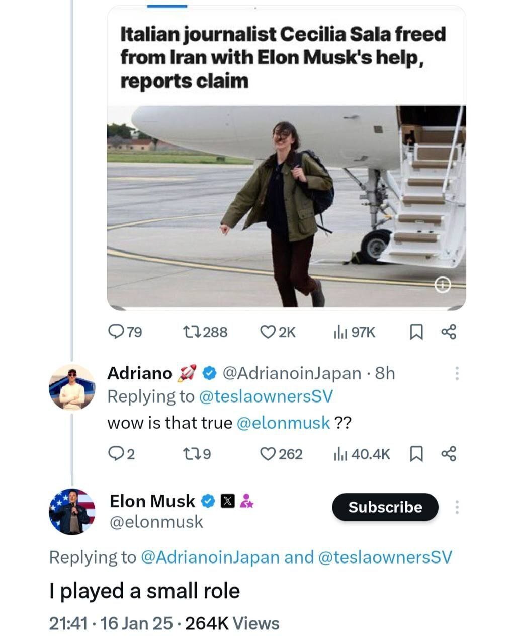 ایلان ماسک بعد از تکذیب وزارتخارجه درباره خبرنگار ایتالیایی: نقش کوچک داشتم! ایلان ماسک بعد از تکذیب وزارتخارجه درباره خبرنگار ایتالیایی: نقش کوچک داشتم!