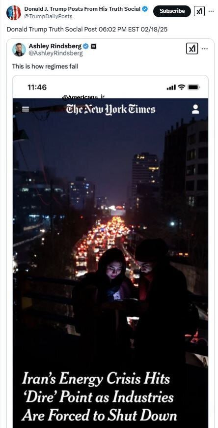 پست ویژه ترامپ درباره وضعیت قطعی گسترده برق در ایران! | عکس