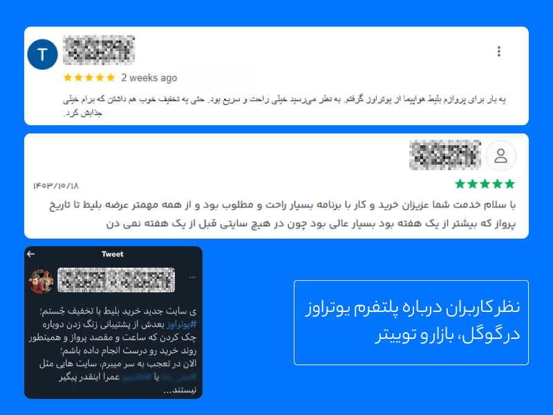 نمونه نظر چند کاربران یوتراوز در بخش Review گوگل و بازار