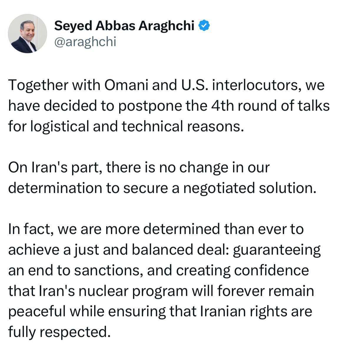 متن پیغام متفاوت عراقچی به آمریکا بعد از تعویق در مذاکرات | عکس متن پیغام متفاوت عراقچی به آمریکا بعد از تعویق در مذاکرات | عکس