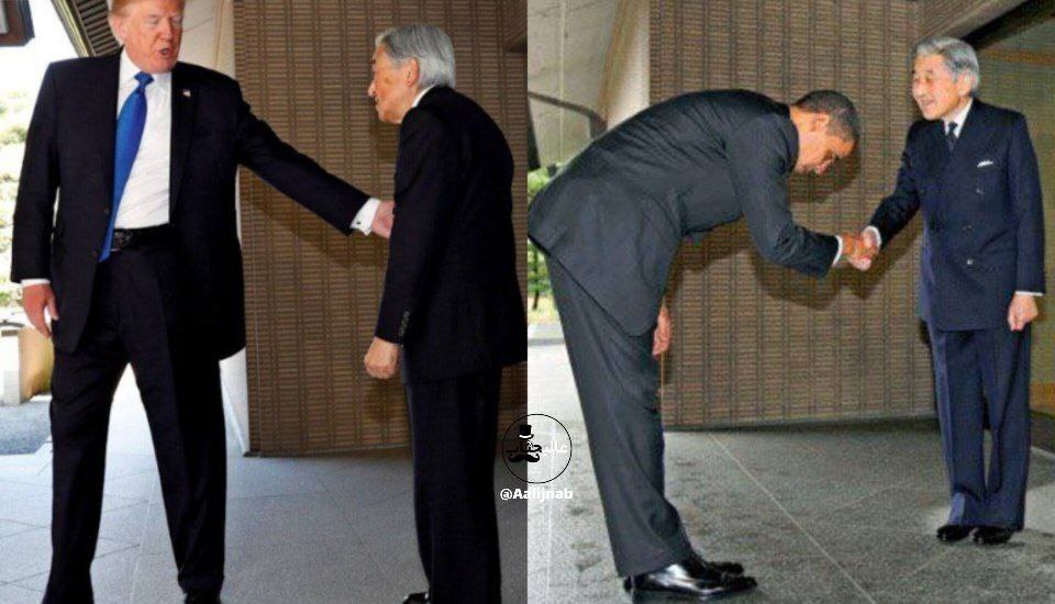 عکس تفاوت رفتار اوباما و ترامپ در دیدار با امپراطور ژاپن؛ کدام درست است؟