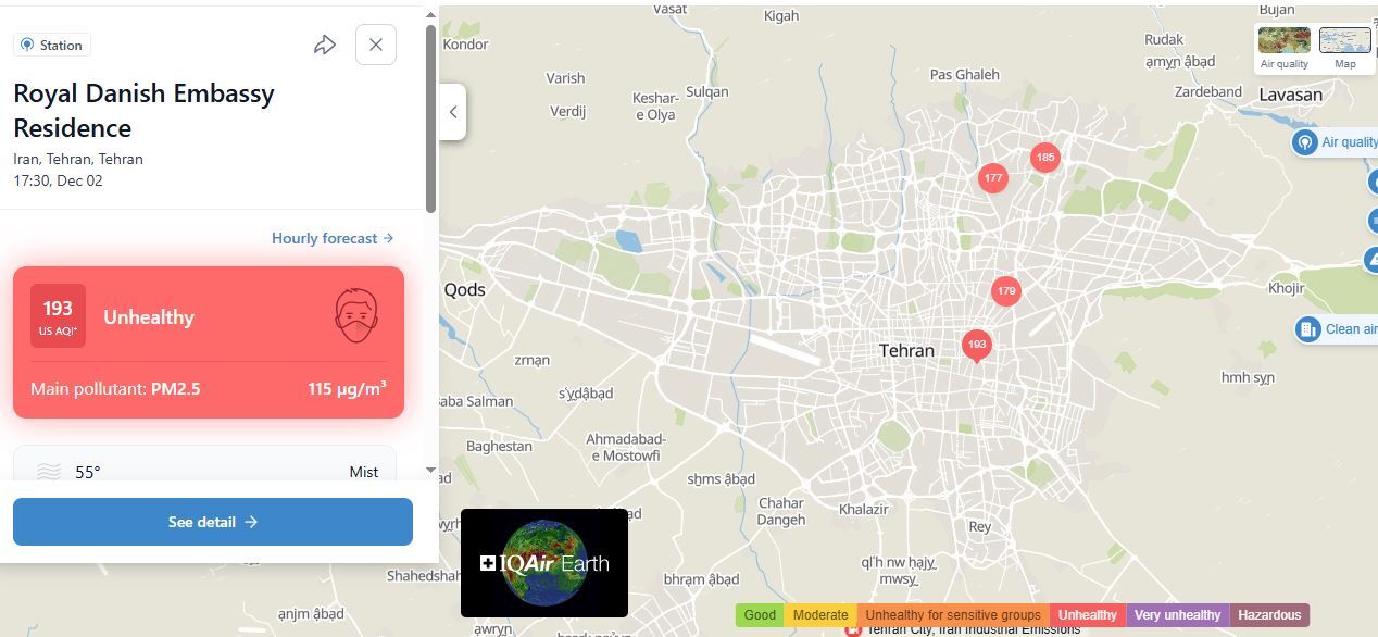 شاخص آلودگی هوا تهران میتازد؛ ثبت عدد نزدیک به ۲۰۰ در یک ایستگاه! (عکس) شاخص آلودگی هوا تهران میتازد؛ ثبت عدد نزدیک به ۲۰۰ در یک ایستگاه! (عکس)
